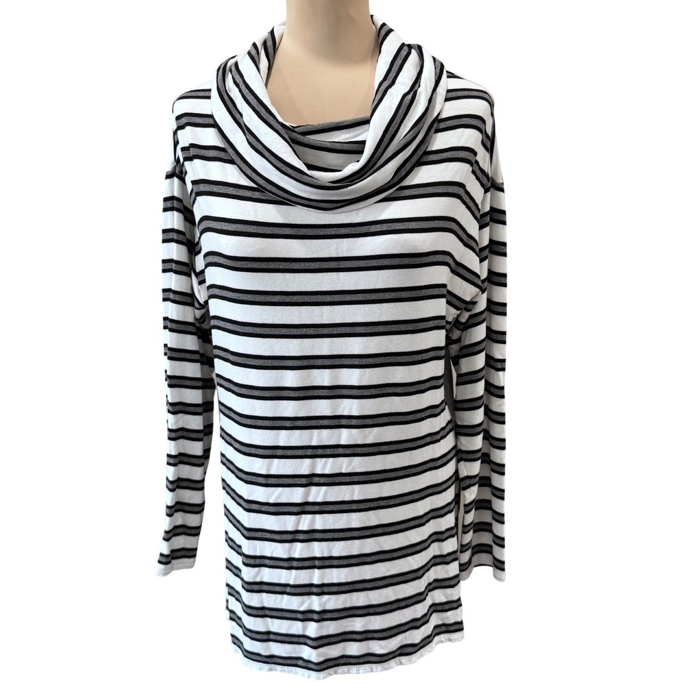 Chico's Zenergy Black & White Striped Cowl Neck Tunic Top Size 1 M 8/10